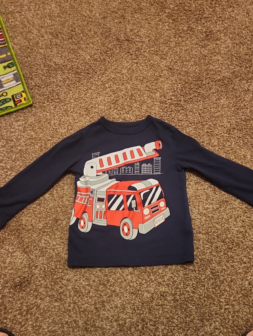 The Children's Place Navy Blue Long Sleeve Tee with Red Fire Truck Graphic